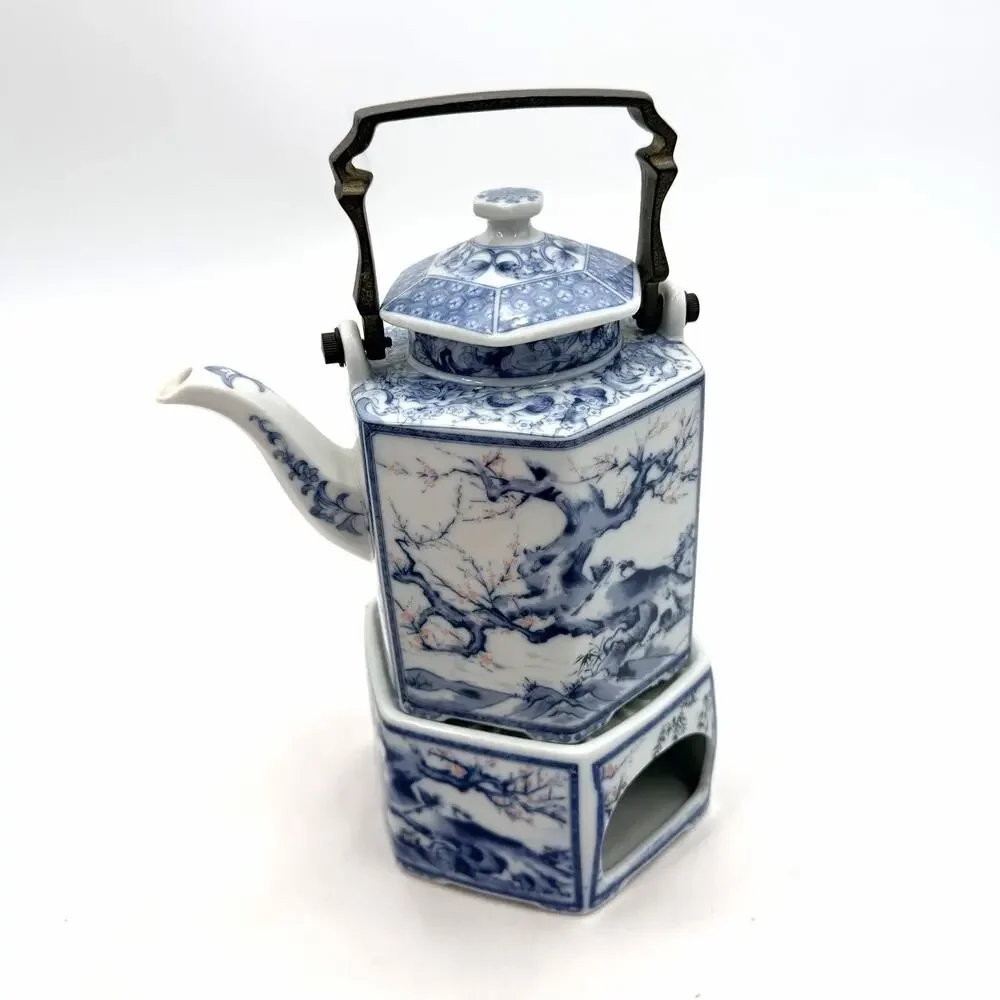 Vintage Dolphin Dynasty Blue Porcelain Hexagonal Teapot Warmer & Brass Handle